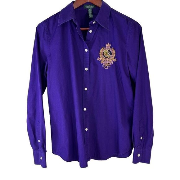 Lauren Ralph Lauren Jeans Co Purple Crest Embroidered Button Front Top Womens M - Picture 1 of 9
